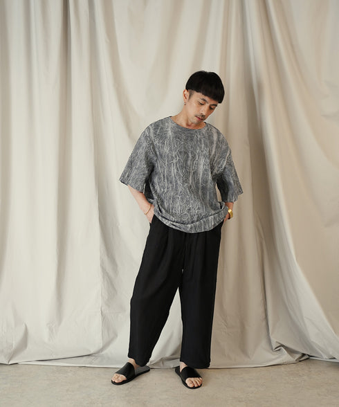 ムラ染め クラッシュプリーツ H/S クルーネック プルオーバー