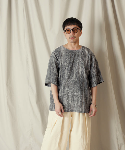 ムラ染め クラッシュプリーツ H/S クルーネック プルオーバー