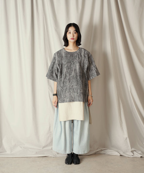 ムラ染め クラッシュプリーツ H/S クルーネック プルオーバー