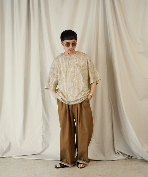 ムラ染め クラッシュプリーツ H/S クルーネック プルオーバー