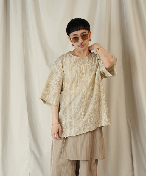 ムラ染め クラッシュプリーツ H/S クルーネック プルオーバー