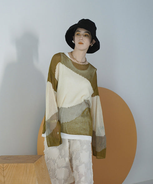 ローゲージ 透かし編み グラフィック L/S ニット