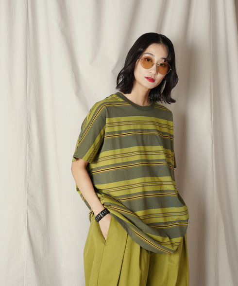 クルーネック BOXシルエット クラシック マルチボーダー カットソー