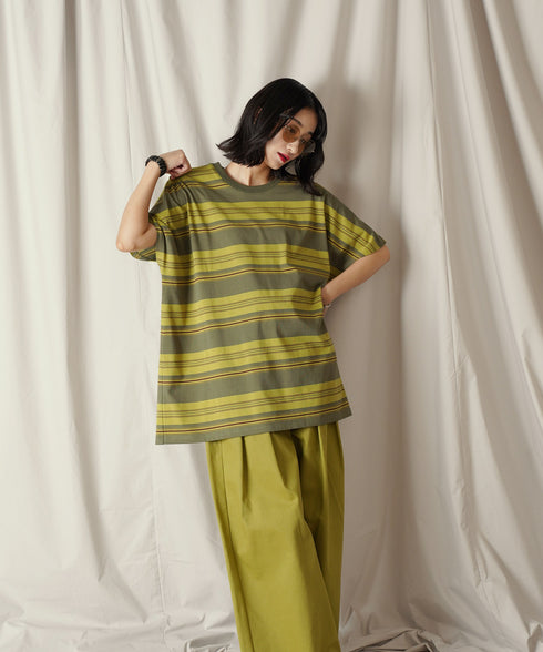 クルーネック BOXシルエット クラシック マルチボーダー カットソー