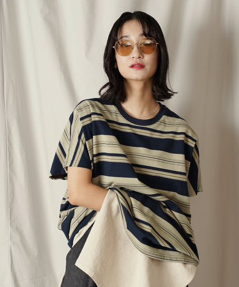 クルーネック BOXシルエット クラシック マルチボーダー カットソー