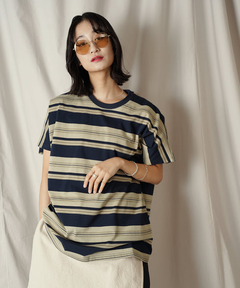 クルーネック BOXシルエット クラシック マルチボーダー カットソー