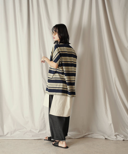 クルーネック BOXシルエット クラシック マルチボーダー カットソー