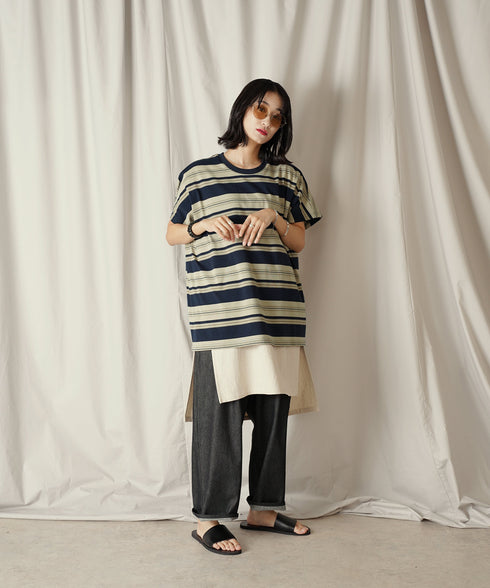 クルーネック BOXシルエット クラシック マルチボーダー カットソー