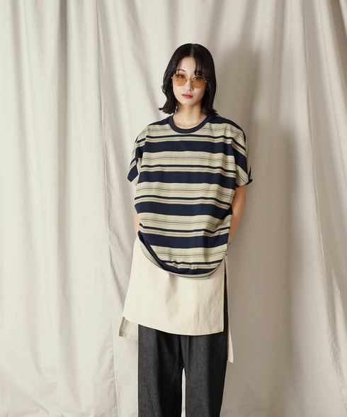 クルーネック BOXシルエット クラシック マルチボーダー カットソー