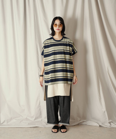 クルーネック BOXシルエット クラシック マルチボーダー カットソー