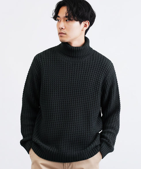 ビッグワッフルタートルネックニットセーター