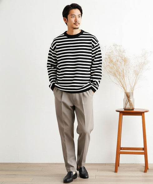 ドライタッチボーダーニットセーター | ニット セーター 薄手 メンズ クルーネック スプリングニット メンズニット ブラック ホワイト グレー ボーダー ドライタッチ ストレッチ 服 秋服 冬服 春服 春 秋 冬