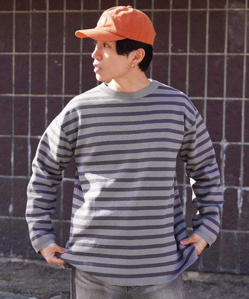 ドライタッチボーダーニットセーター | ニット セーター 薄手 メンズ クルーネック スプリングニット メンズニット ブラック ホワイト グレー ボーダー ドライタッチ ストレッチ 服 秋服 冬服 春服 春 秋 冬