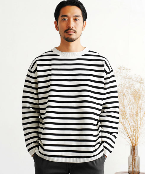 ドライタッチボーダーニットセーター | ニット セーター 薄手 メンズ クルーネック スプリングニット メンズニット ブラック ホワイト グレー ボーダー ドライタッチ ストレッチ 服 秋服 冬服 春服 春 秋 冬