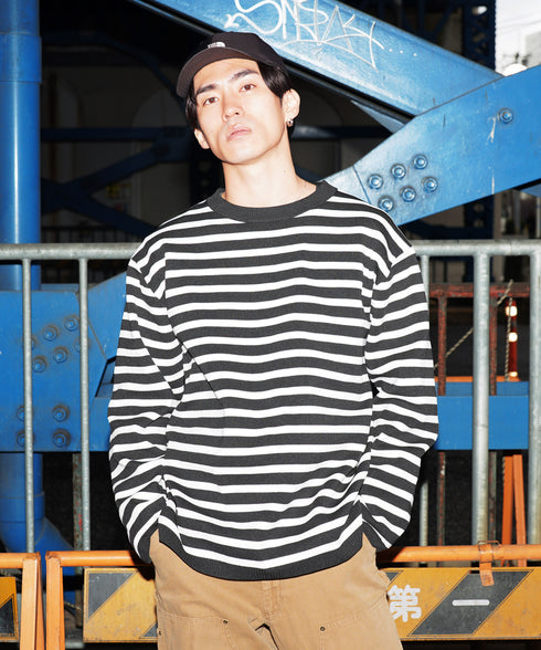 ドライタッチボーダーニットセーター | ニット セーター 薄手 メンズ クルーネック スプリングニット メンズニット ブラック ホワイト グレー ボーダー ドライタッチ ストレッチ 服 秋服 冬服 春服 春 秋 冬