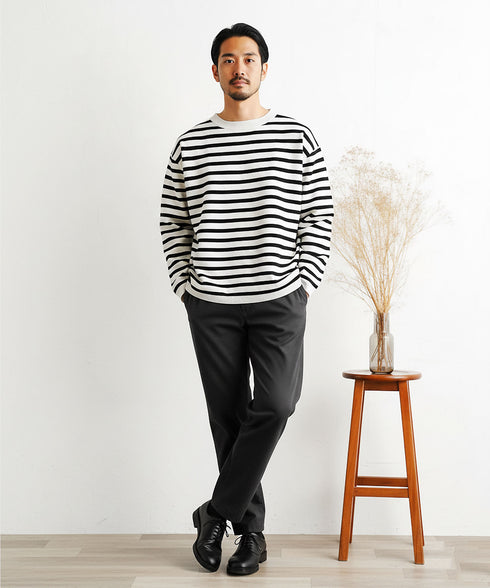 ドライタッチボーダーニットセーター | ニット セーター 薄手 メンズ クルーネック スプリングニット メンズニット ブラック ホワイト グレー ボーダー ドライタッチ ストレッチ 服 秋服 冬服 春服 春 秋 冬