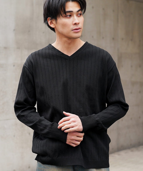 ワイドリブVネックニットセーター | スプリングニット メンズニット ブラック ホワイト グレー ネイビー ストレッチ 服 秋服 冬服 春服 春 秋 冬