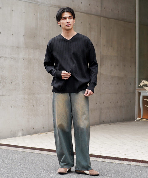 ワイドリブVネックニットセーター | スプリングニット メンズニット ブラック ホワイト グレー ネイビー ストレッチ 服 秋服 冬服 春服 春 秋 冬