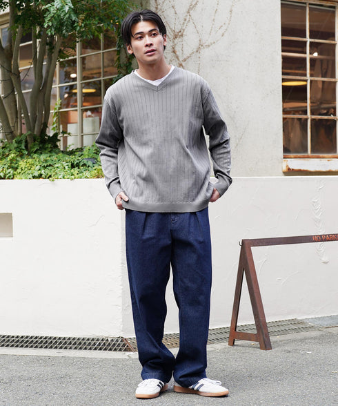 ワイドリブVネックニットセーター | スプリングニット メンズニット ブラック ホワイト グレー ネイビー ストレッチ 服 秋服 冬服 春服 春 秋 冬
