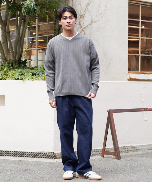 ワイドリブVネックニットセーター | スプリングニット メンズニット ブラック ホワイト グレー ネイビー ストレッチ 服 秋服 冬服 春服 春 秋 冬