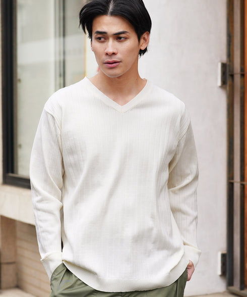ワイドリブVネックニットセーター | スプリングニット メンズニット ブラック ホワイト グレー ネイビー ストレッチ 服 秋服 冬服 春服 春 秋 冬