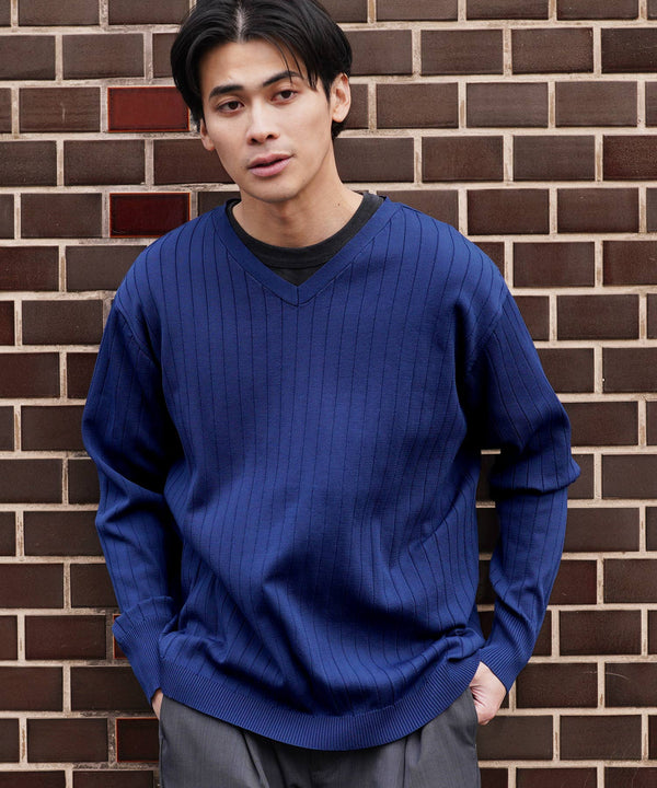 ワイドリブVネックニットセーター | スプリングニット メンズニット ブラック ホワイト グレー ネイビー ストレッチ 服 秋服 冬服 春服 春 秋 冬