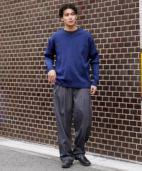 ワイドリブVネックニットセーター | スプリングニット メンズニット ブラック ホワイト グレー ネイビー ストレッチ 服 秋服 冬服 春服 春 秋 冬