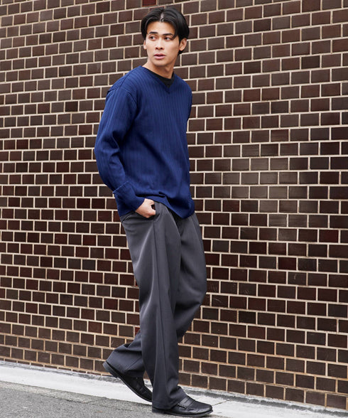 ワイドリブVネックニットセーター | スプリングニット メンズニット ブラック ホワイト グレー ネイビー ストレッチ 服 秋服 冬服 春服 春 秋 冬