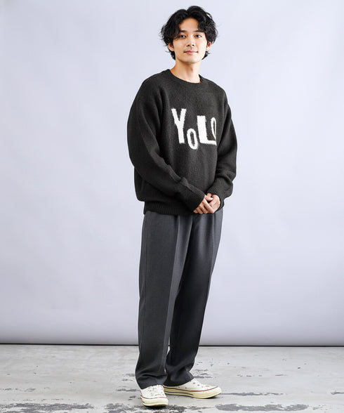 モヘヤ調ジャガードロゴクルーニットセーター | メンズニット ブラック グレー カーキ ロゴ 柄 厚手 服 秋服 冬服 春服 秋 冬