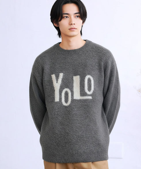 モヘヤ調ジャガードロゴクルーニットセーター | メンズニット ブラック グレー カーキ ロゴ 柄 厚手 服 秋服 冬服 春服 秋 冬