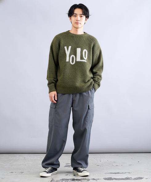 モヘヤ調ジャガードロゴクルーニットセーター | メンズニット ブラック グレー カーキ ロゴ 柄 厚手 服 秋服 冬服 春服 秋 冬