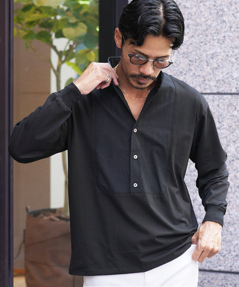 カットコンビスタンドカラープルオーバーシャツ