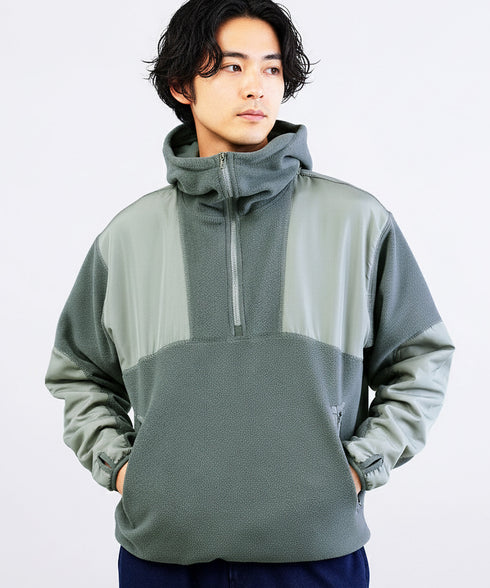 フリース×タフタ切替ZIPプルオーバーパーカー