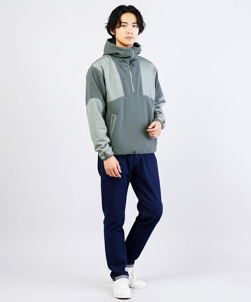 フリース×タフタ切替ZIPプルオーバーパーカー