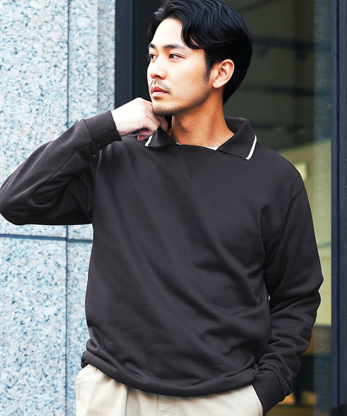 襟付きスウェット クルーネックトレーナー | 長袖 ブランド ドローコード おしゃれ カジュアル 春服 秋服 冬服 20代 30代 40代