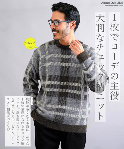 モヘア調ジャガードチェックニットセーター