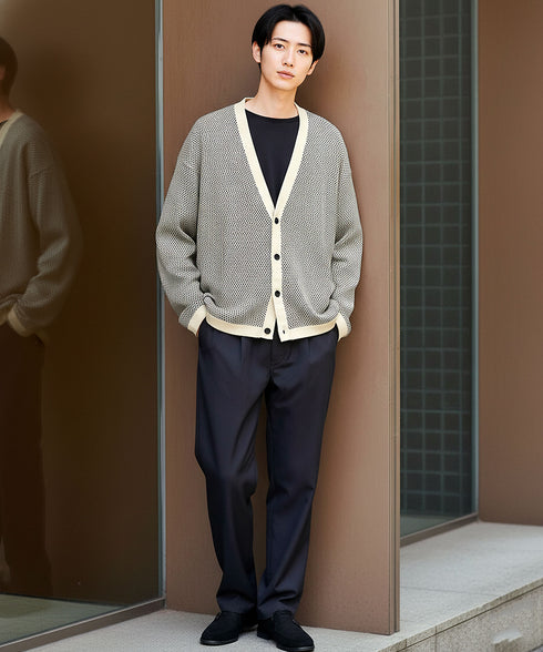 バイカラーワッフルカーディガン