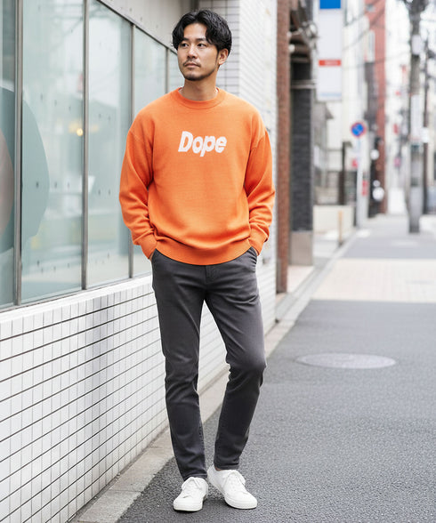 ロゴ ジャガード ニット クルーネック セーター | 丸首 洗える トップス 保湿性 大人 ストレッチ 伸縮性 メンズ