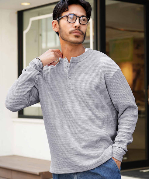 ワッフルサーマルロンT ヘンリーネック