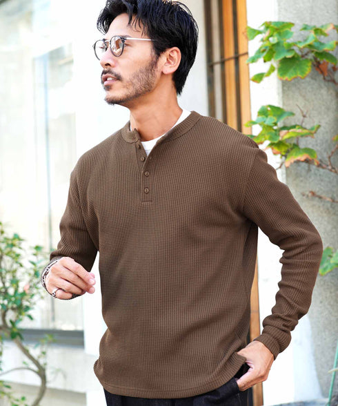 ワッフルサーマルロンT ヘンリーネック