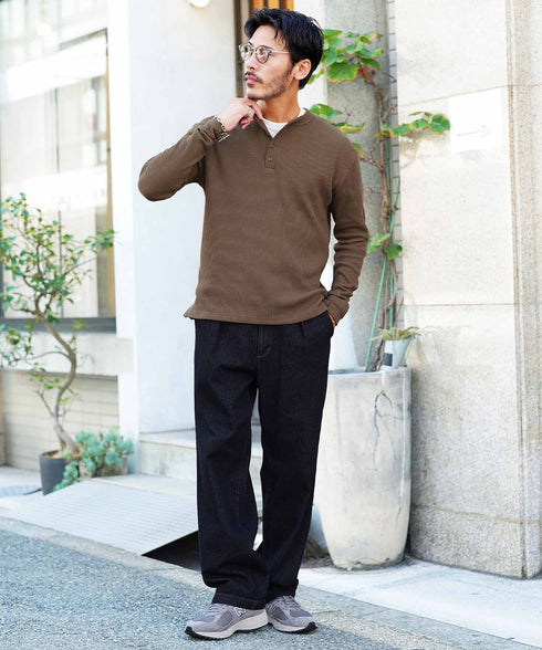 ワッフルサーマルロンT ヘンリーネック