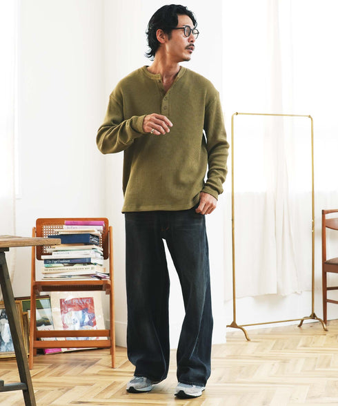 ワッフルサーマルロンT ヘンリーネック | カットソー ミリタリー 大人 おしゃれ シンプル カジュアル きれいめ ブラック ホワイト アイボリー チャコール ピンク 秋 秋冬 30代 40代