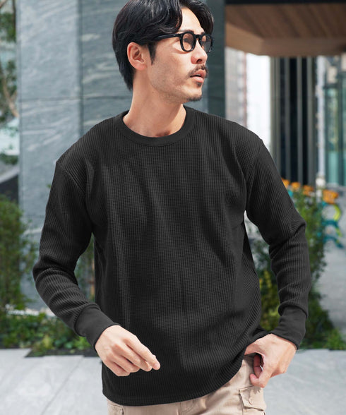 サーマルワッフルクルーネックロンT | メンズ 長袖Tシャツ ワッフル生地 サーマル ロンT 保温性 速乾 シワになりにくい カジュアル 無地 ブラック チャコールグレー ホワイト アイボリー ピンク 秋服 20代 30代 40代