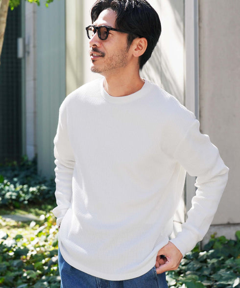 サーマルワッフルクルーネックロンT | メンズ 長袖Tシャツ ワッフル生地 サーマル ロンT 保温性 速乾 シワになりにくい カジュアル 無地 ブラック チャコールグレー ホワイト アイボリー ピンク 秋服 20代 30代 40代