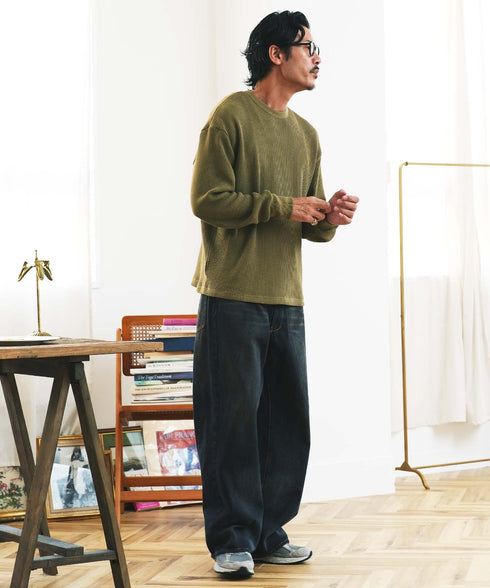 サーマルワッフルクルーネックロンT | メンズ 長袖Tシャツ ワッフル生地 サーマル ロンT 保温性 速乾 シワになりにくい カジュアル 無地 ブラック チャコールグレー ホワイト アイボリー ピンク 秋服 20代 30代 40代