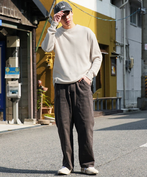 サーマルワッフルクルーネックロンT | メンズ 長袖Tシャツ ワッフル生地 サーマル ロンT 保温性 速乾 シワになりにくい カジュアル 無地 ブラック チャコールグレー ホワイト アイボリー ピンク 秋服 20代 30代 40代