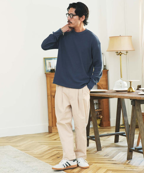 サーマルワッフルクルーネックロンT | メンズ 長袖Tシャツ ワッフル生地 サーマル ロンT 保温性 速乾 シワになりにくい カジュアル 無地 ブラック チャコールグレー ホワイト アイボリー ピンク 秋服 20代 30代 40代