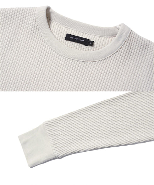 サーマルワッフルクルーネックロンT | メンズ 長袖Tシャツ ワッフル生地 サーマル ロンT 保温性 速乾 シワになりにくい カジュアル 無地 ブラック チャコールグレー ホワイト アイボリー ピンク 秋服 20代 30代 40代