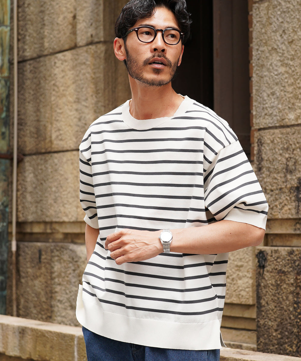 白菊ページ 5分袖クルーネックニットTシャツ | メンズ 洗える ハイゲージ 無地