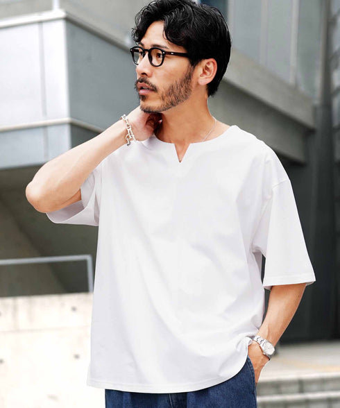 【接触冷感&UV】プレーティングキーネック半袖Tシャツ